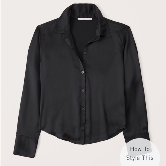 Abercrombie Long-Sleeve Satin Button-Up Shirt in black - Picture 1 of 1